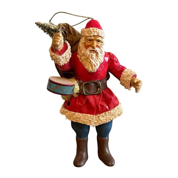 Vintage Paper Mache Santa Claus Figure Trim Jolly Old St Nick Holding A Drum - Picture 1 of 8